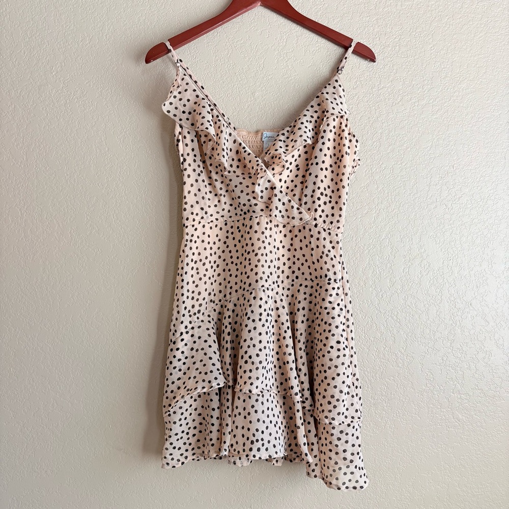 Beige Black Polka Dot Ruffle Romper Size L Smocked Back Dress Look